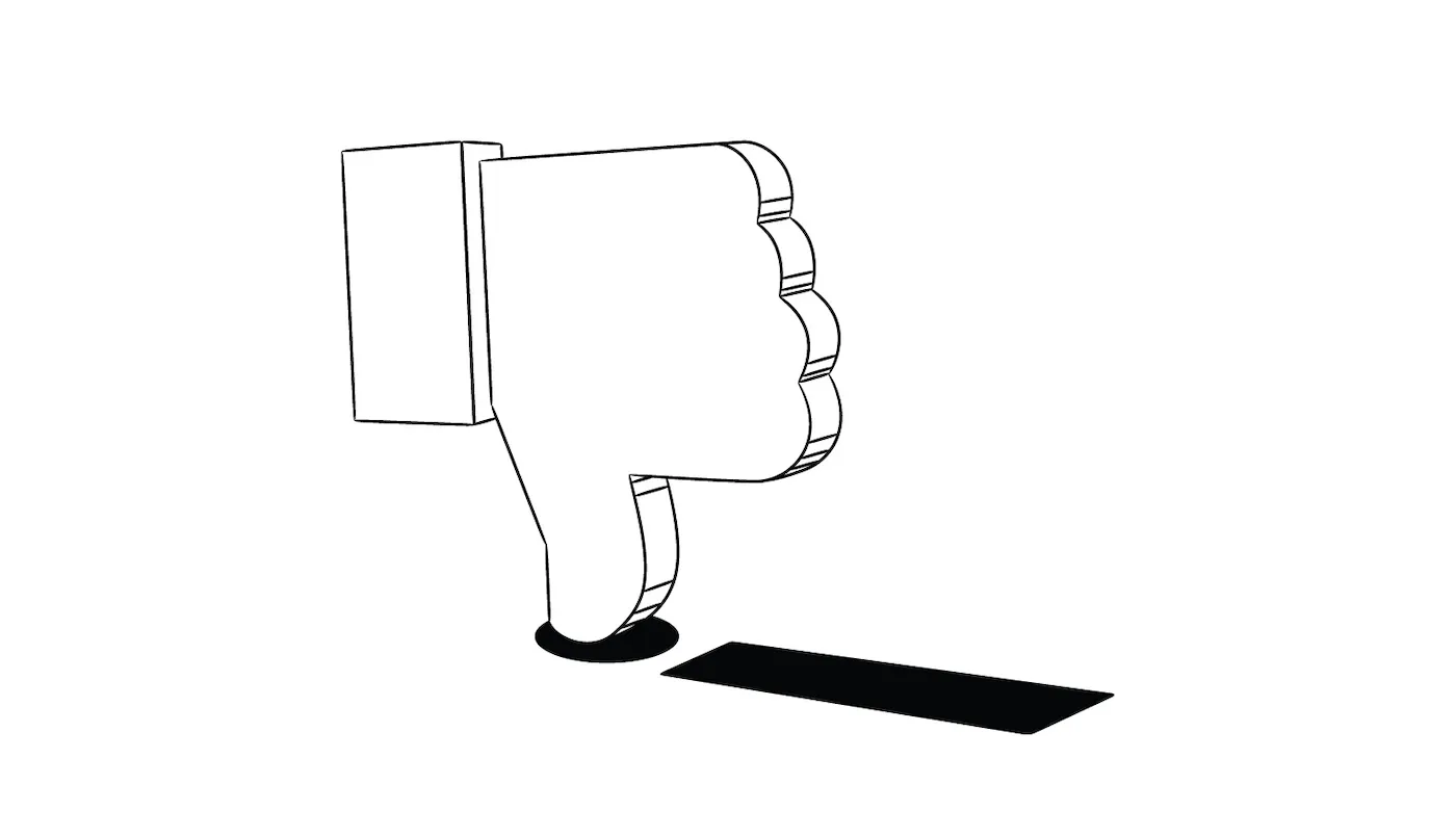 Illustration of a Facebook dislike button casting a shadow in the shape of an exclamation mark.
